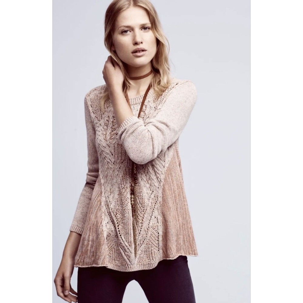 Anthropologie Moth Anita Swing Sweater Linen Cable Knit Pink Rose Pullover S